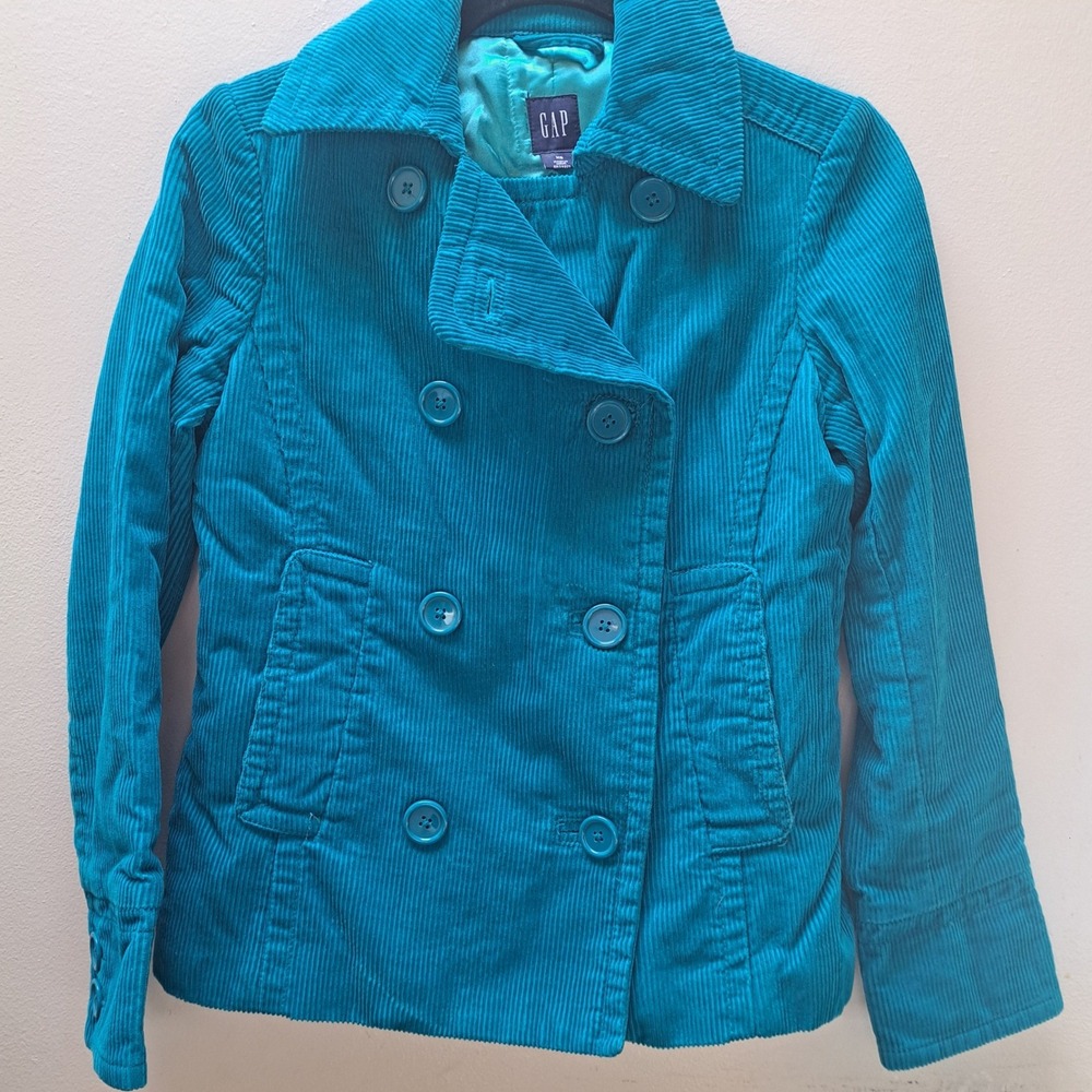 Gap Teal Blue Corduroy Double Breasted Pea Coat Jacket XS RN54023